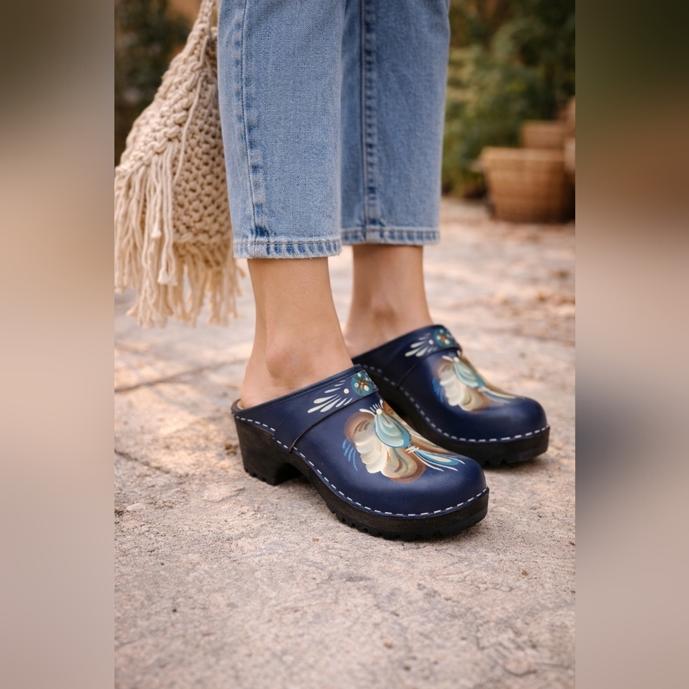 NWT.Hand-Painted Navy Floral Leather Clogs.traditional Swedish design